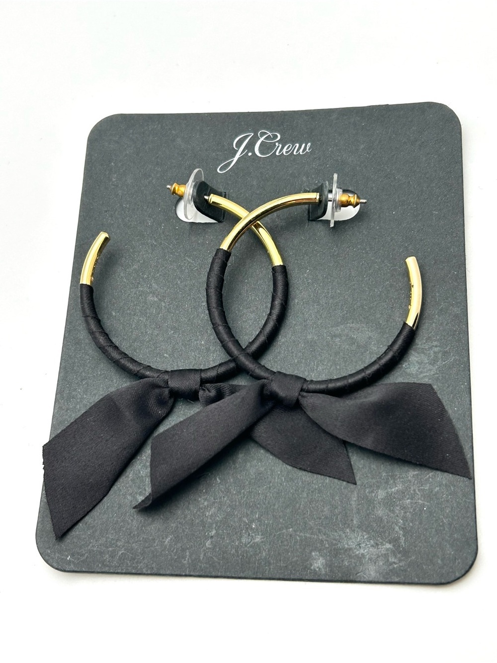 J. Crew Black Ribbon Wrapped Gold Hoop Earrings NWT